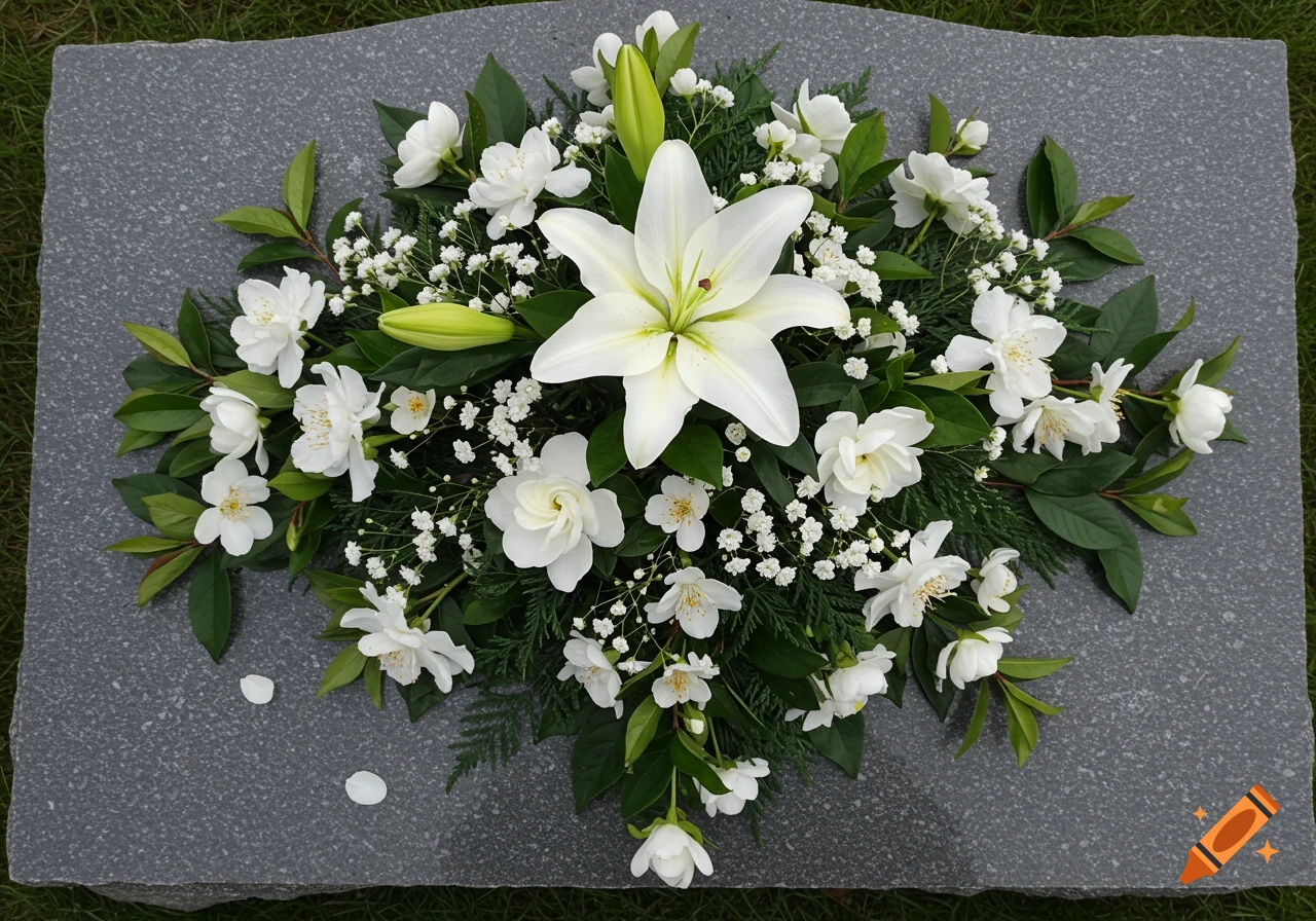 A white floral arrangement featuring lilies and gardenias lays flat on a gray tombstone.