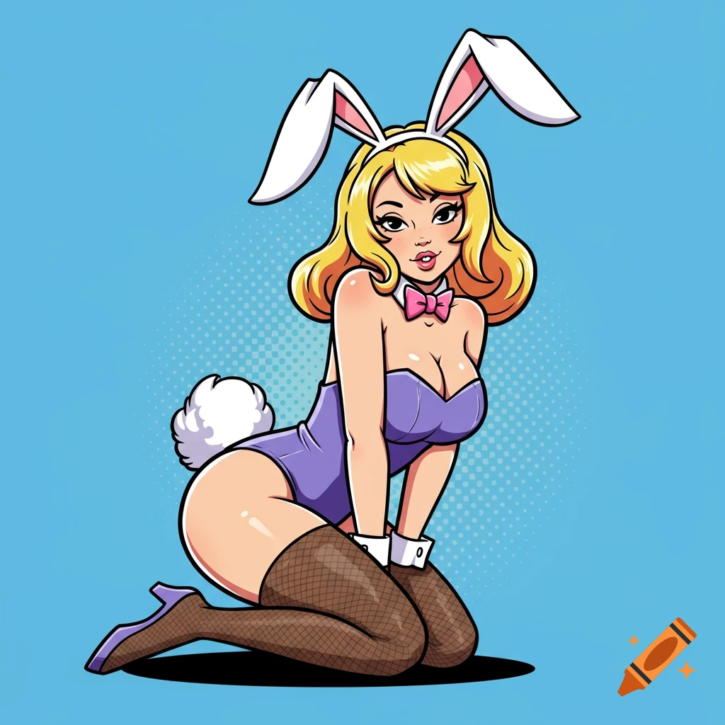 Illustration of a kneeling bunny girl in a pinup pop art style.