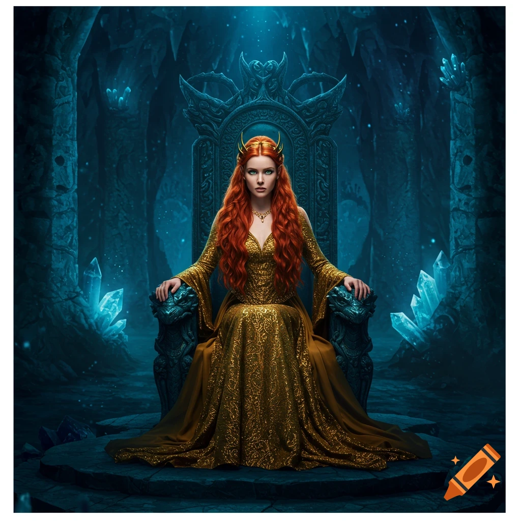 A woman in a gold dress sits on a fantasy throne in a crystal cave.