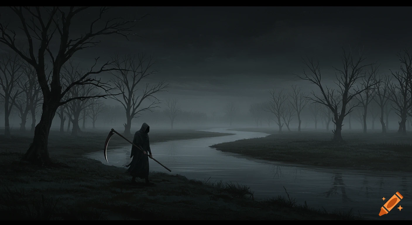 A hooded figure with a scythe stands by a misty river in a dark, bare forest.