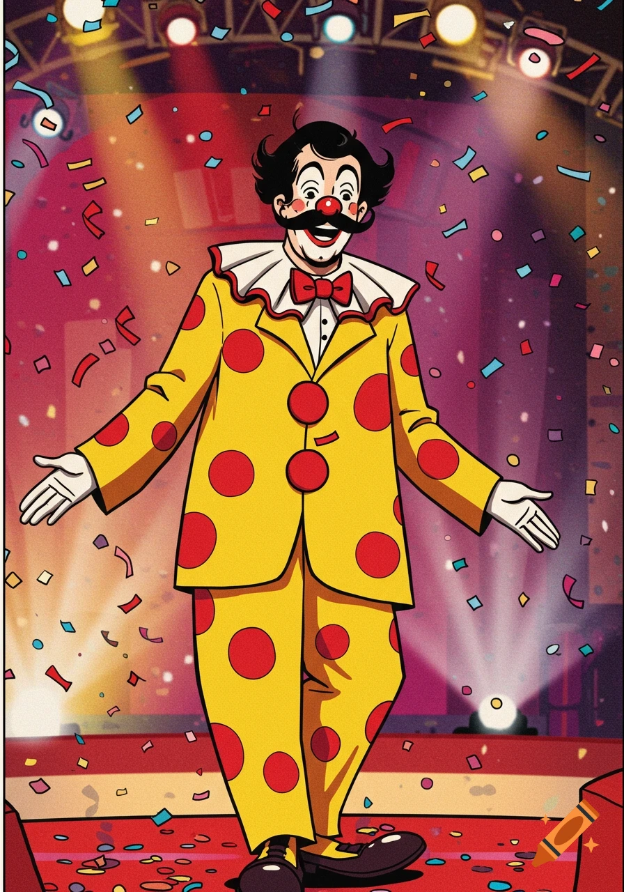 A black-haired clown in a yellow polka-dot suit stands on a stage covered in confetti, in a 60's comic book style.