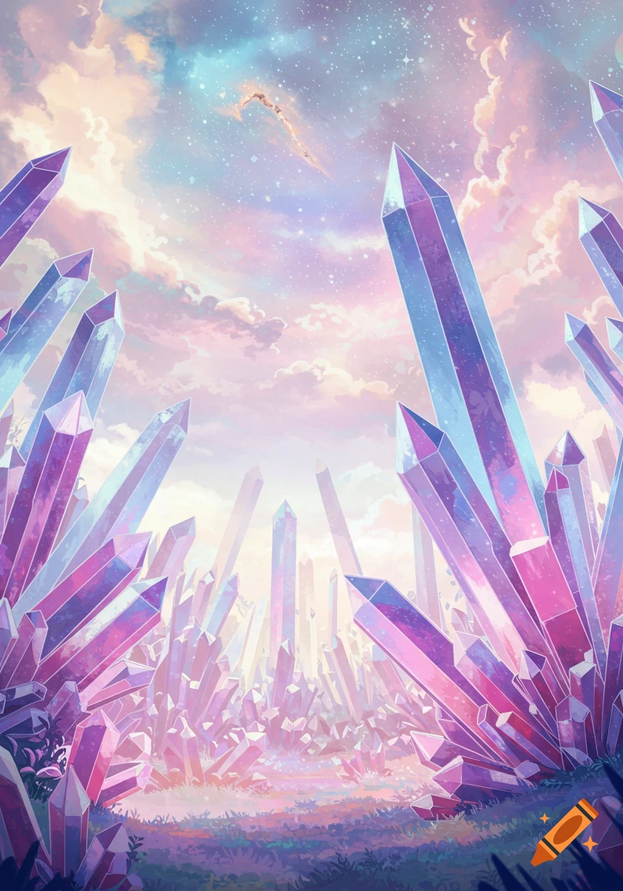 A vibrant fantasy landscape filled with large, colorful crystals reaching towards a pastel sky with clouds and stars.