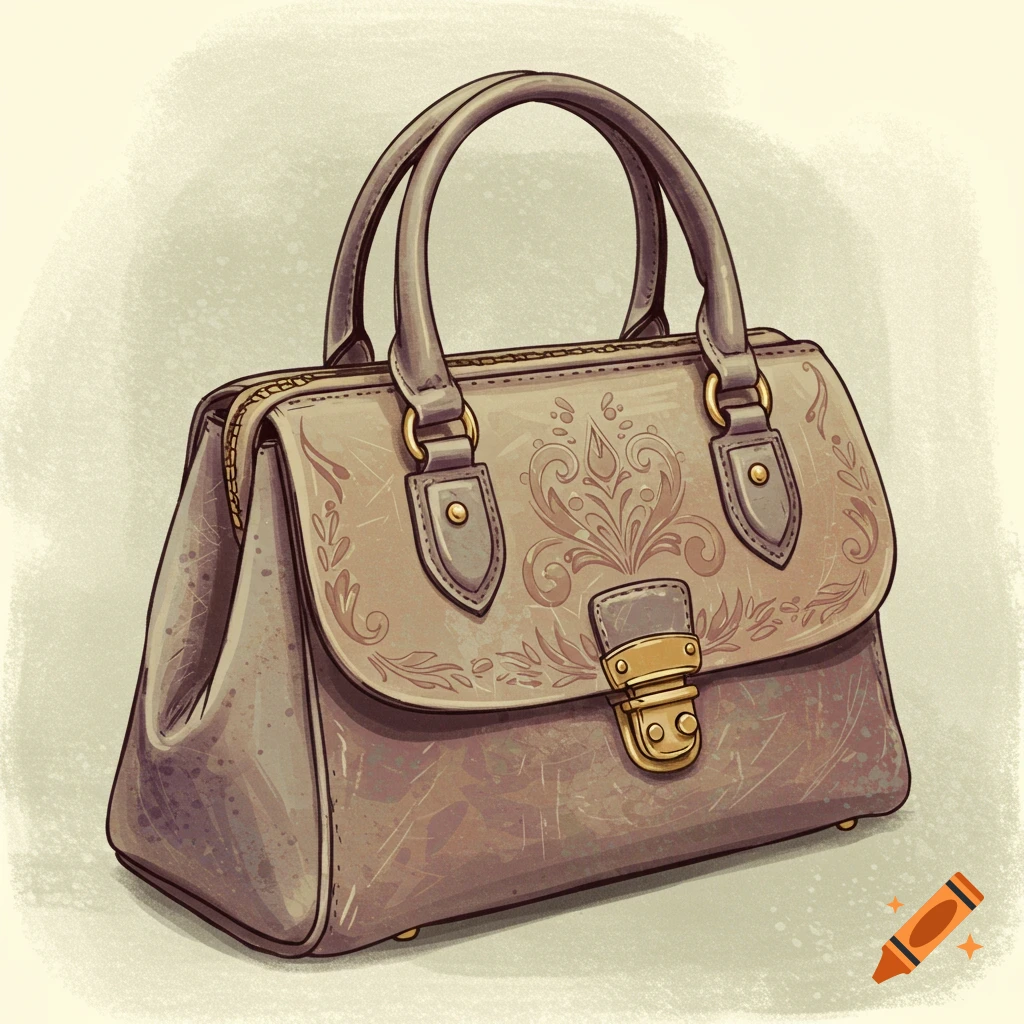 Sketch drawing of a vintage handbag with decorative patterns.