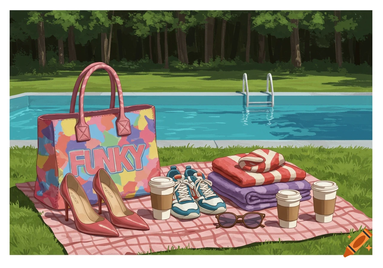 An illustration of a poolside scene with a 'FUNKY' bag, high heels, sneakers, towels, sunglasses, and coffee cups on a picnic blanket.