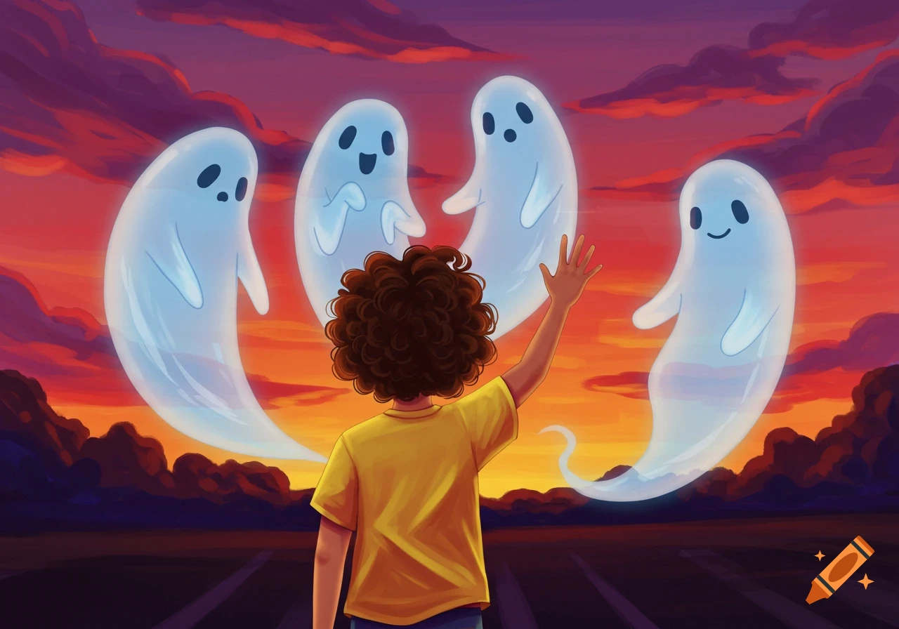 A figure waves to four friendly ghosts floating in a sunset sky.