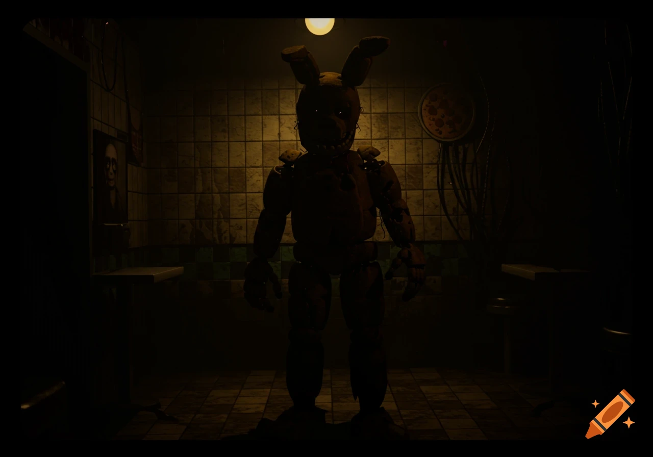 Ominous figure resembling Springtrap from Five Nights at Freddy's stands in a dark, tiled room.