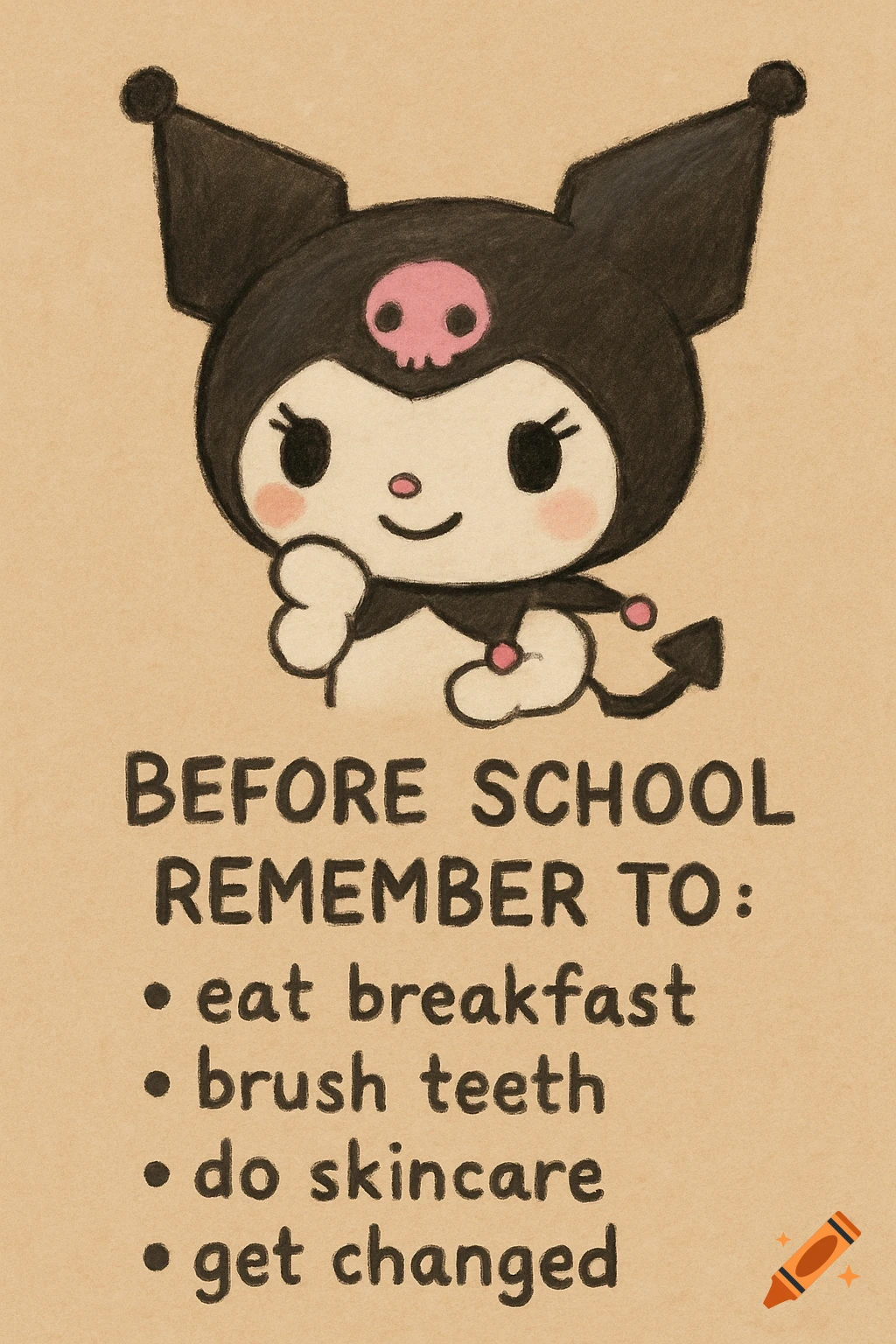 Kuromi character above a checklist for before school, colored pencil drawing style