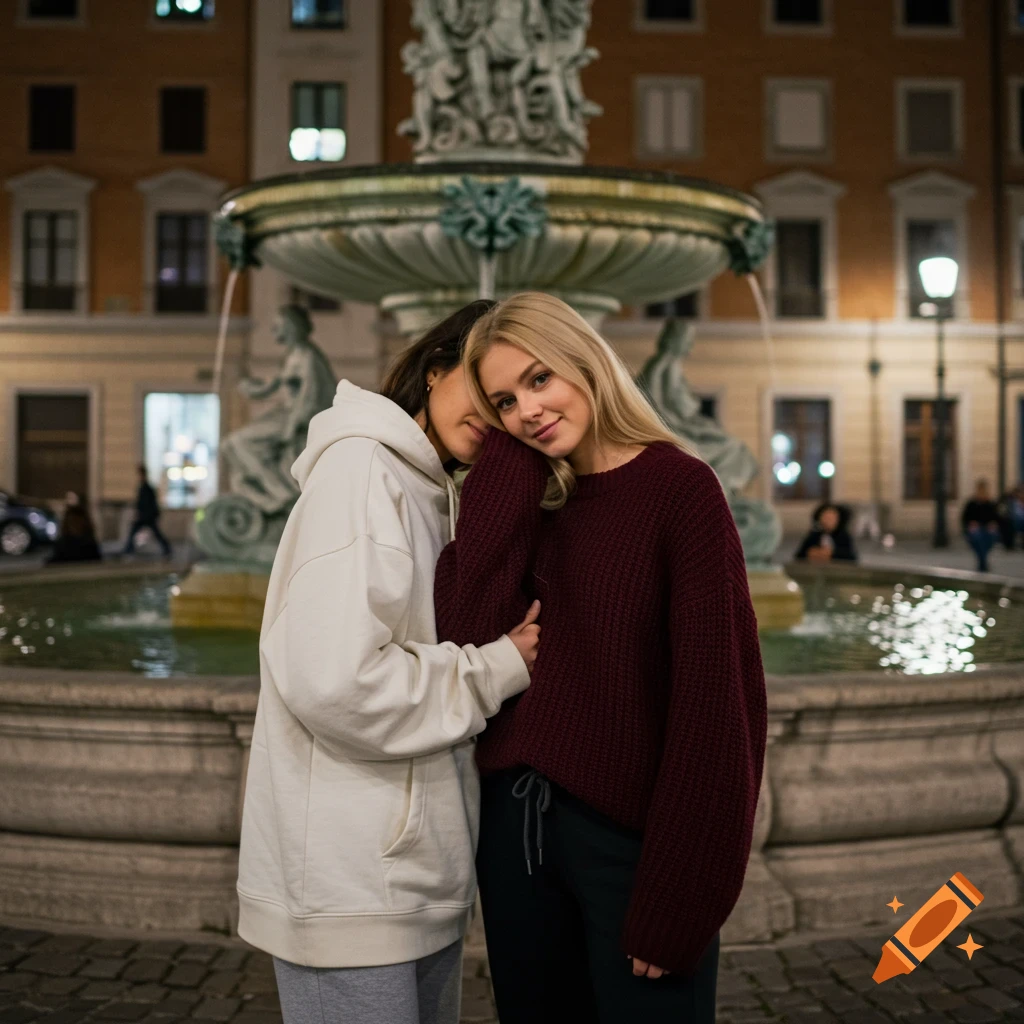 Two young women stand close in front of a fountain in a city square at night.