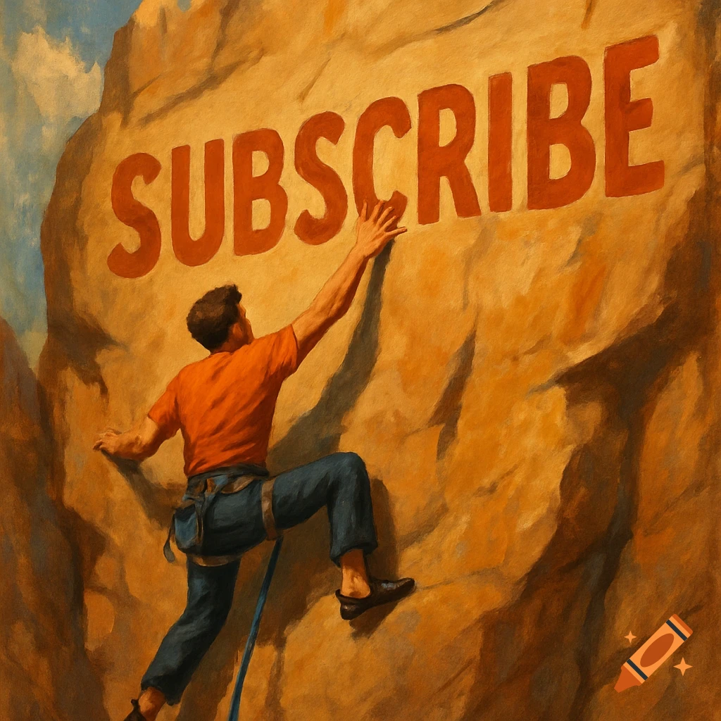 A man climbs a rock face with 'SUBSCRIBE' painted on it, in a classical painting style.