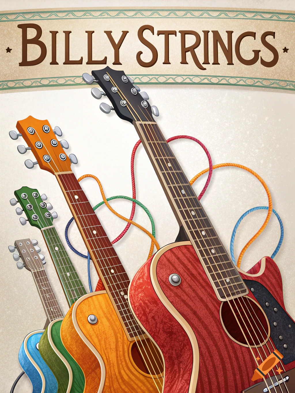 Illustration of several guitars with colorful cables and the text 'BILLY STRINGS' at the top.