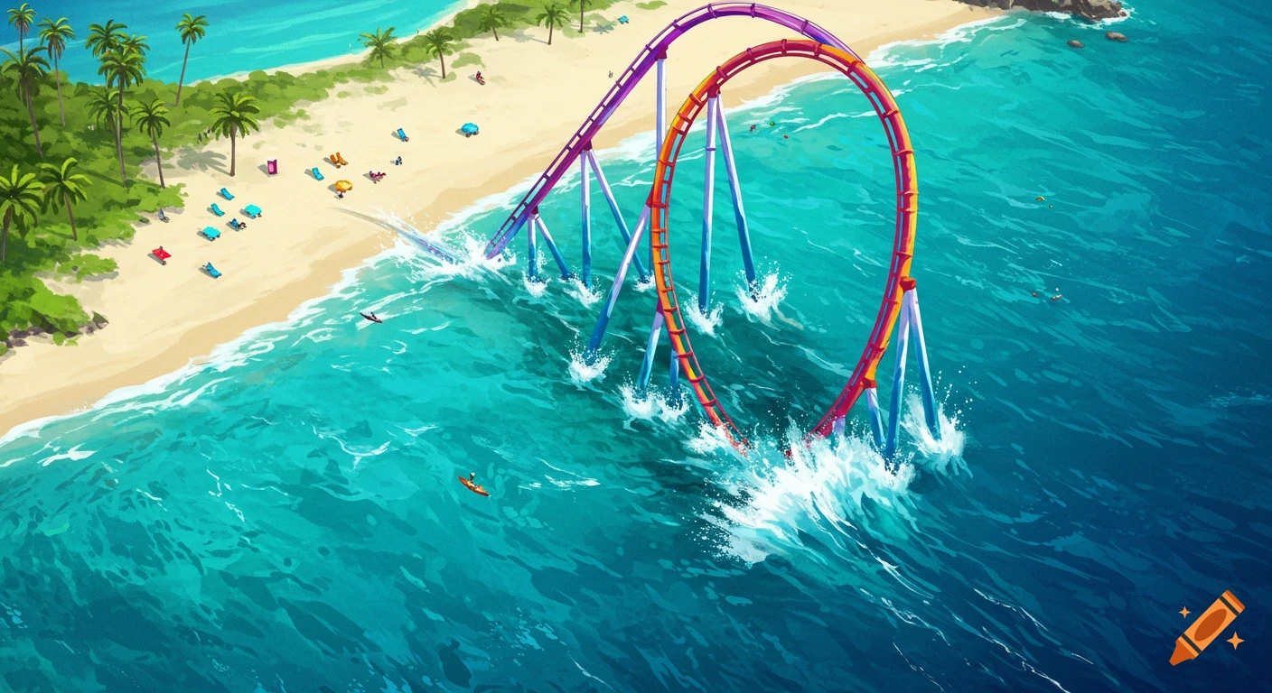 An illustrated aerial view of a rollercoaster track extending from a tropical beach and looping into the bright blue ocean, splashing water.