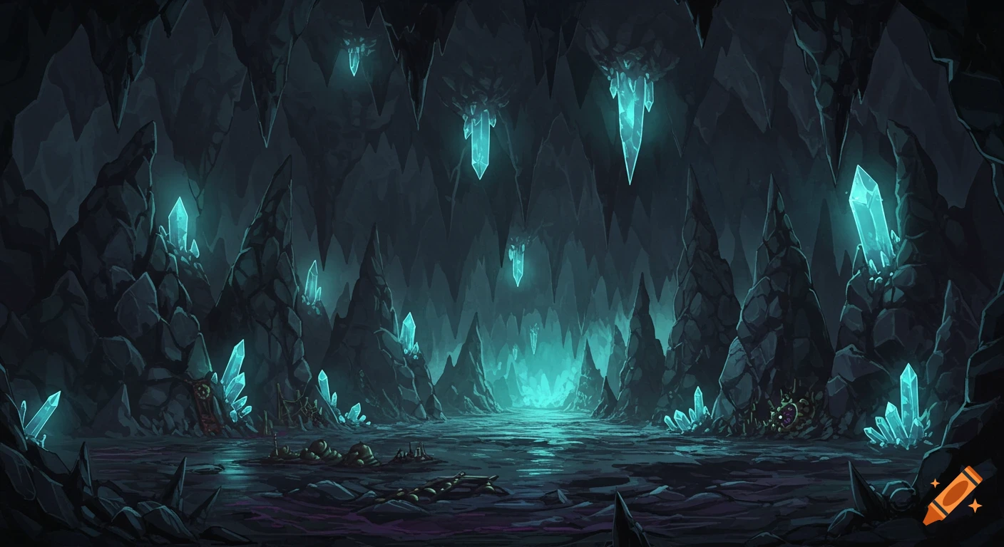 A dark fantasy cave environment filled with glowing blue crystals and bones, designed as a villain lair background.