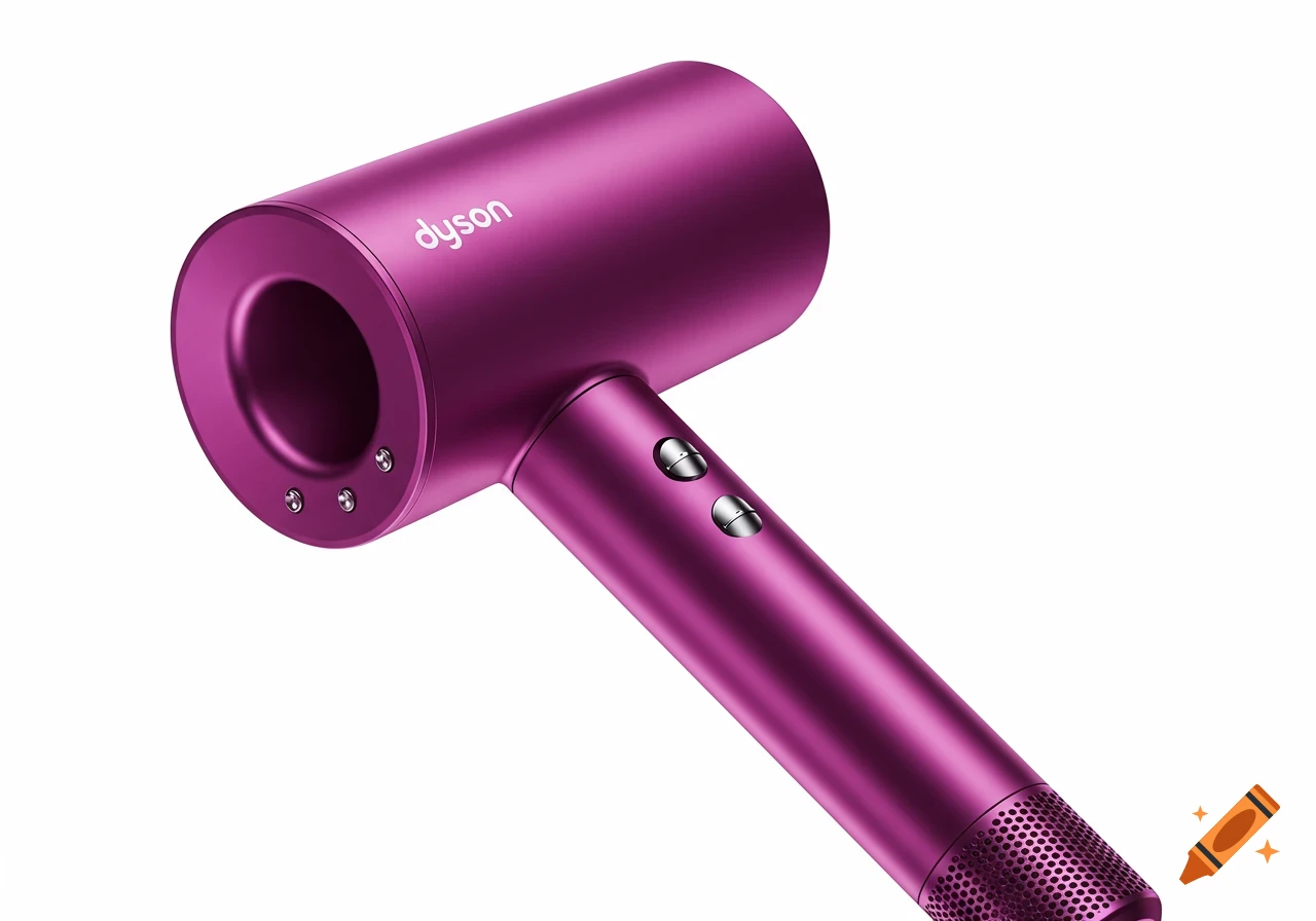 A purple Dyson hair dryer on a white background.