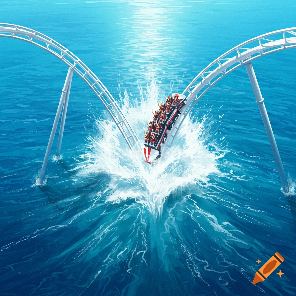 A full rollercoaster car plunges into the ocean, creating a large splash, under a bright sky.