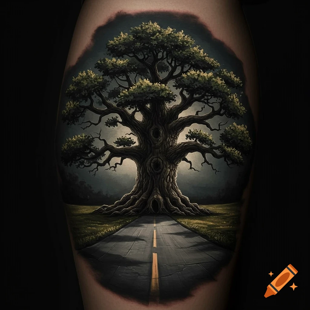 Stylized tattoo of a large ancient oak tree overlooking a straight road.