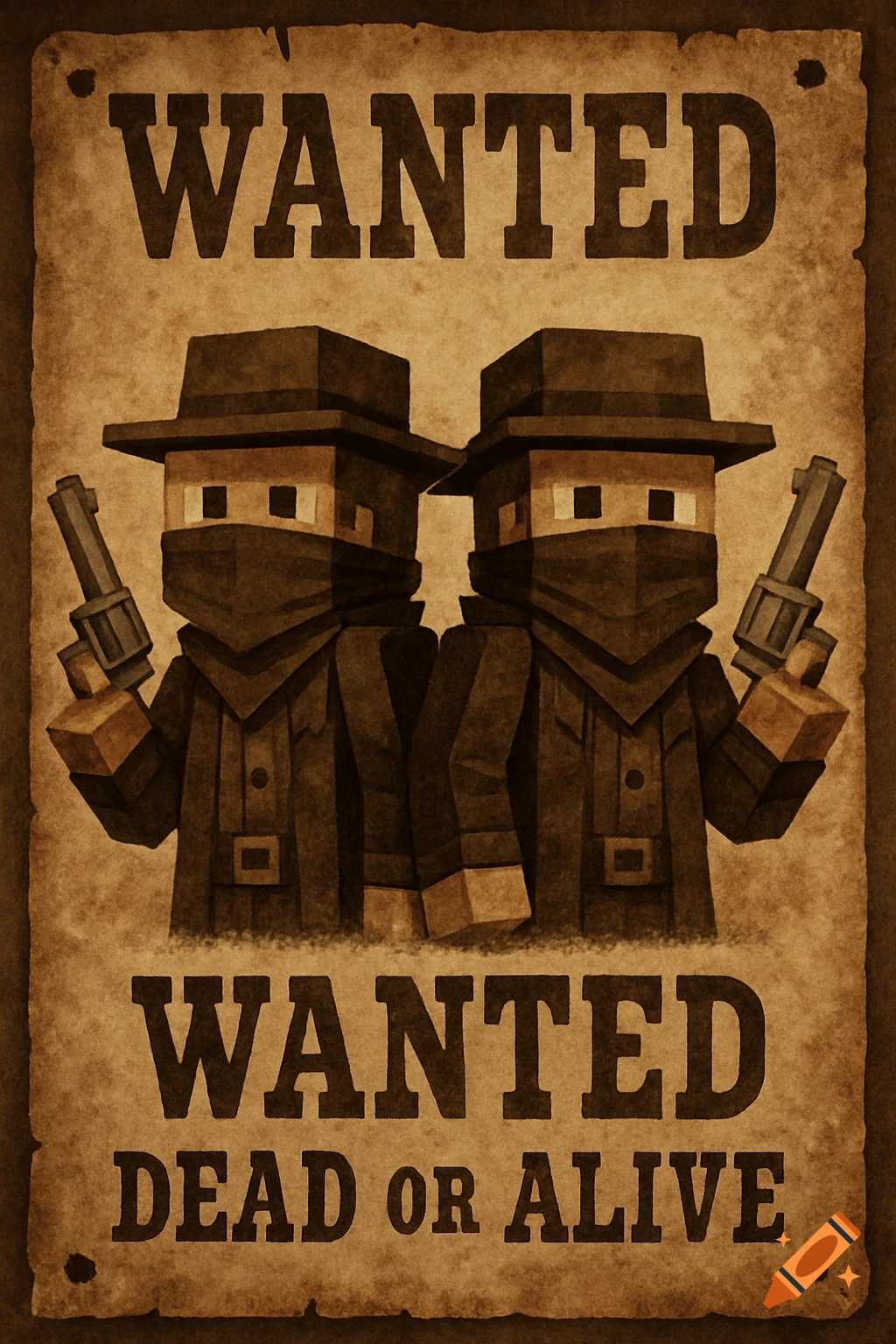 A sepia-toned wanted poster featuring two blocky, Minecraft-style characters dressed as bandits, holding guns.