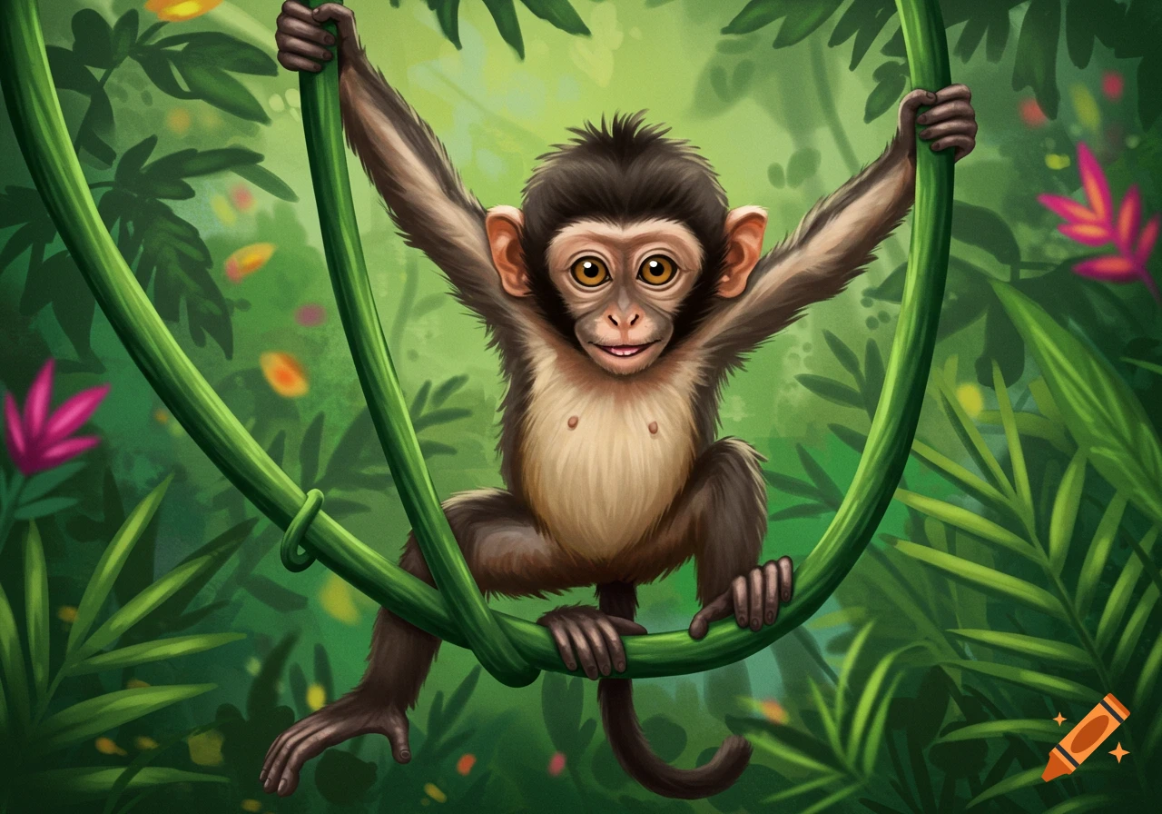 Illustration of a cute baby monkey swinging on a vine in a jungle.