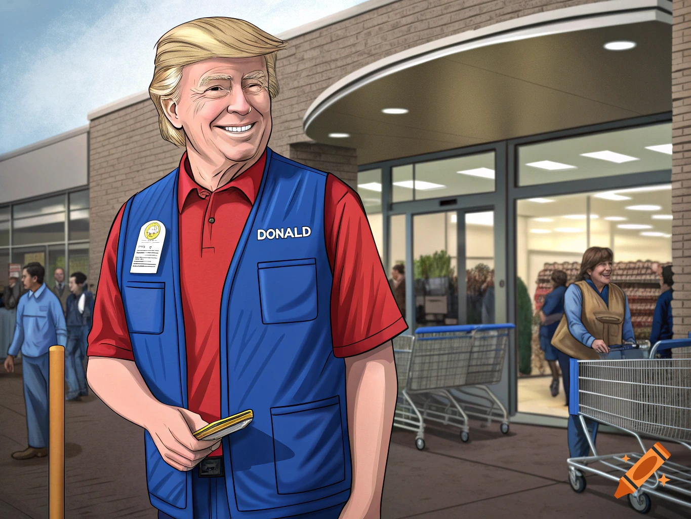 Cartoon illustration of Donald Trump wearing a blue vest over a red shirt, standing outside a store.