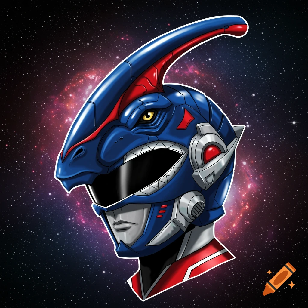 An illustration of a blue and red dinosaur-themed Power Ranger helmet against a galaxy background.
