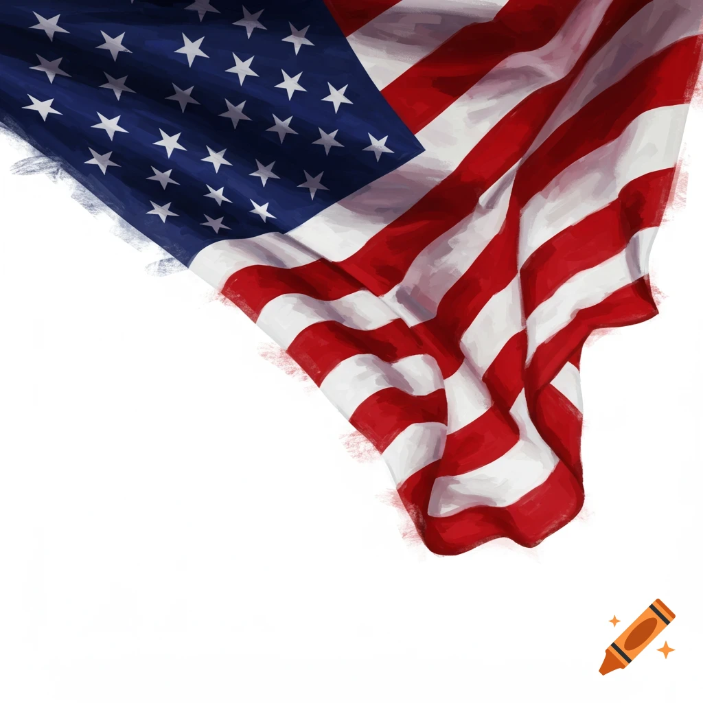 Waving American flag on white background, painterly style.