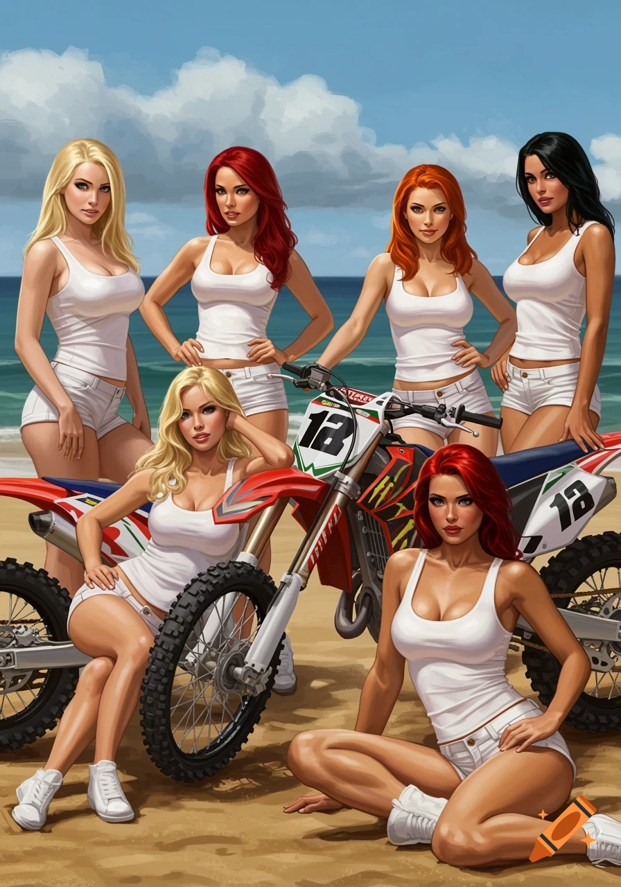 Six women and a dirt bike on a beach