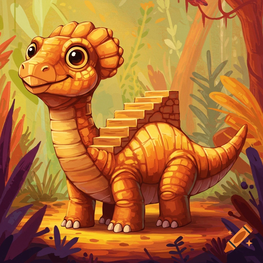 Cartoon illustration of a cute orange dinosaur with stairs on its back standing in a jungle.
