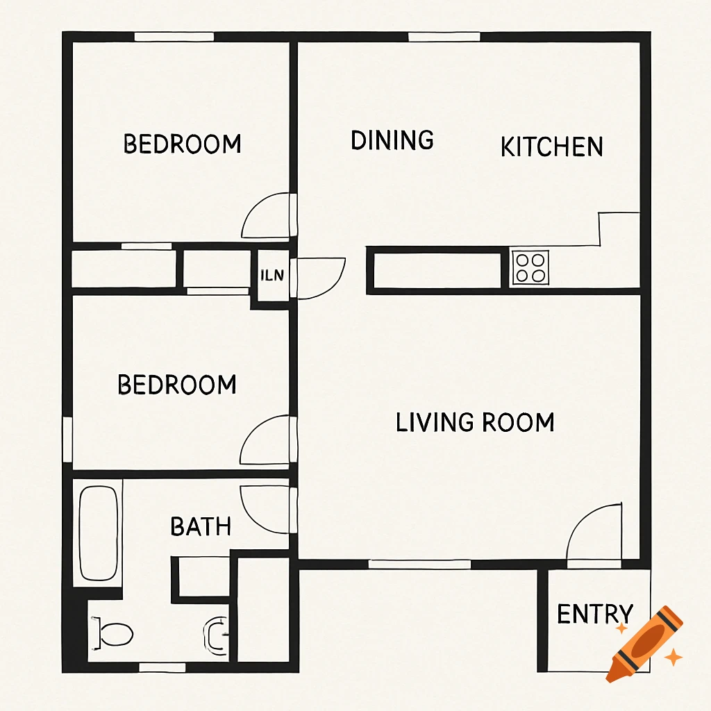 Black and white line drawing of a house floor plan.