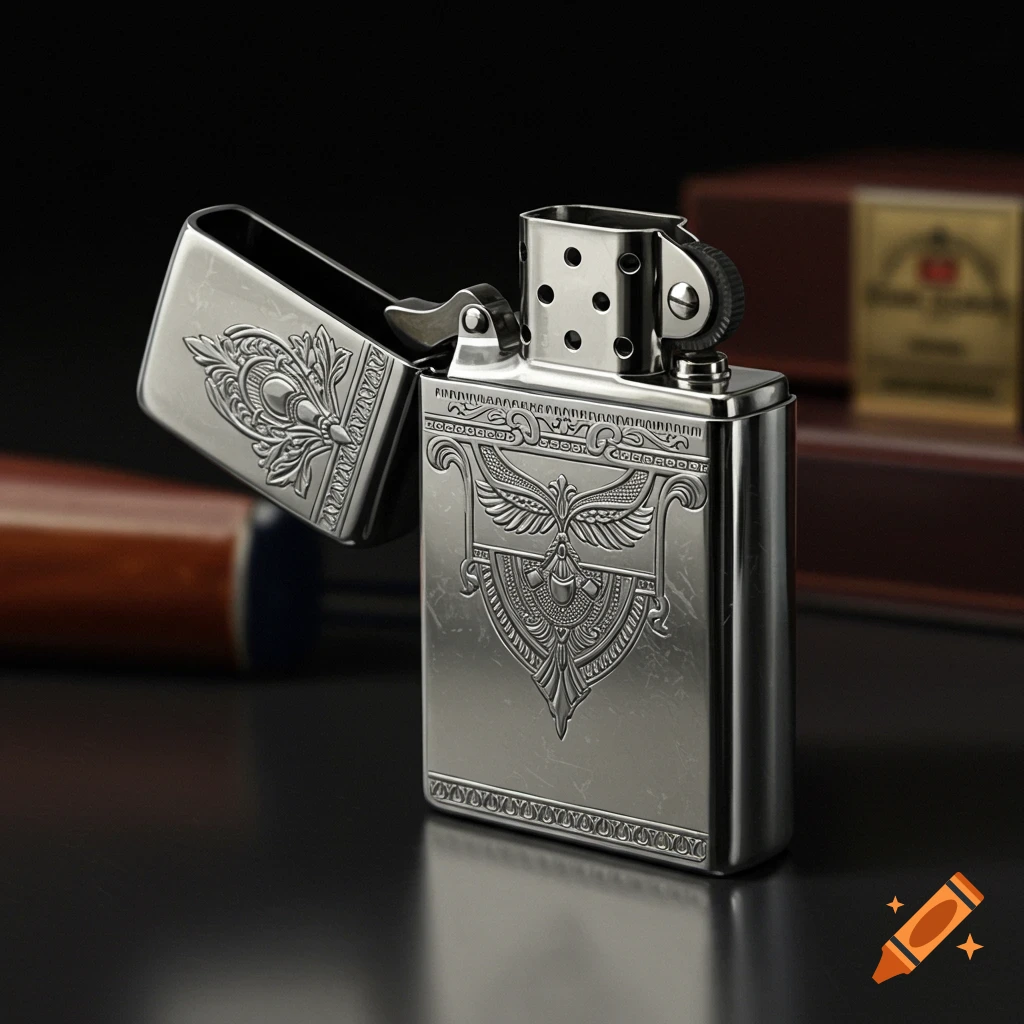 A close-up studio shot of a silver luxury lighter with ornate embossed designs.