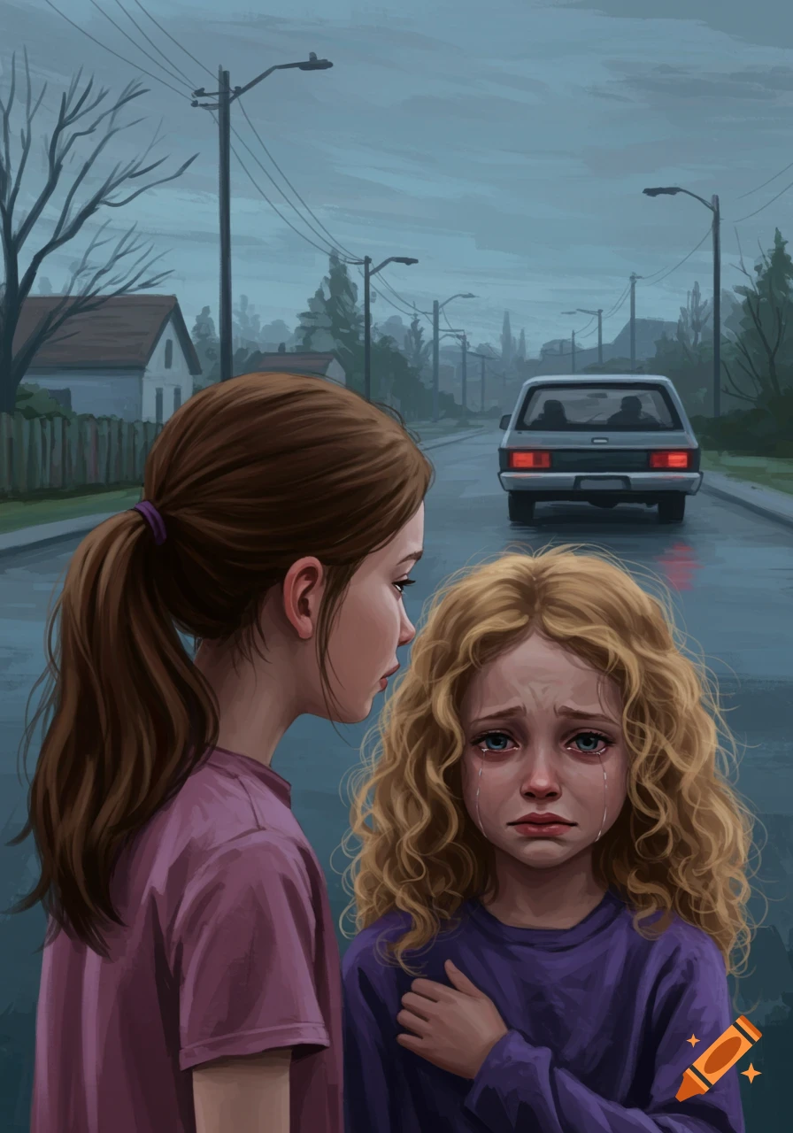 Two girls cry watching a car drive away on a street in a digital painting style