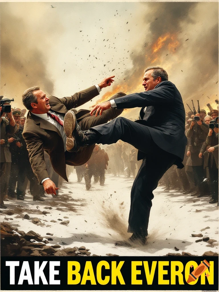 Propaganda poster of Mikhail Gorbachev kicking George H. W. Bush, with text 'TAKE BACK EVERON'.