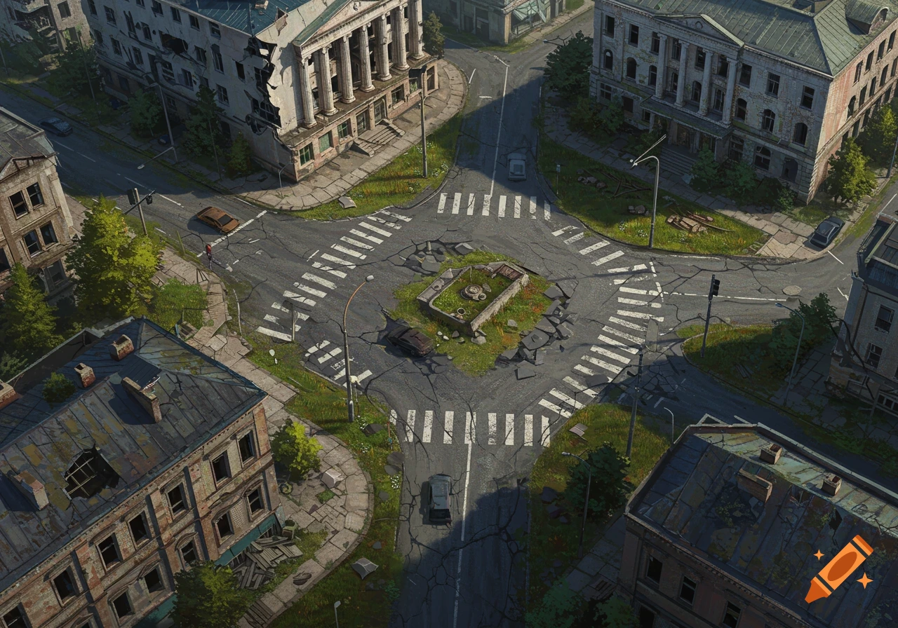 Aerial view of a ruined city intersection with destroyed buildings and cracked streets.