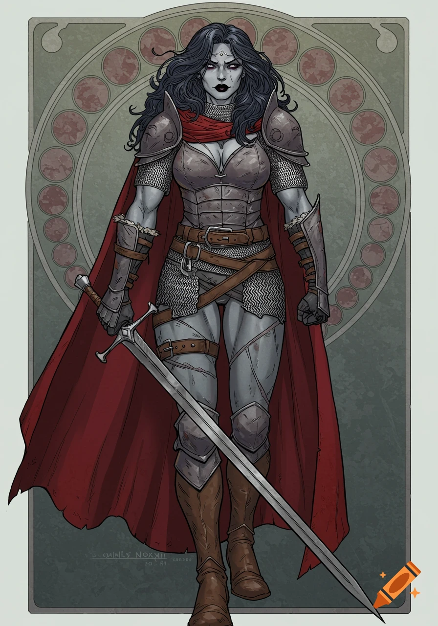 A tall, muscular woman in battle armor and a red cape holds a sword, standing against an art nouveau background in a comic style.