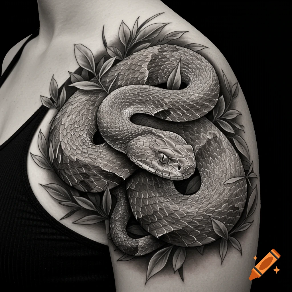 Black and white tattoo of a copperhead snake coiled with leaves on a shoulder.