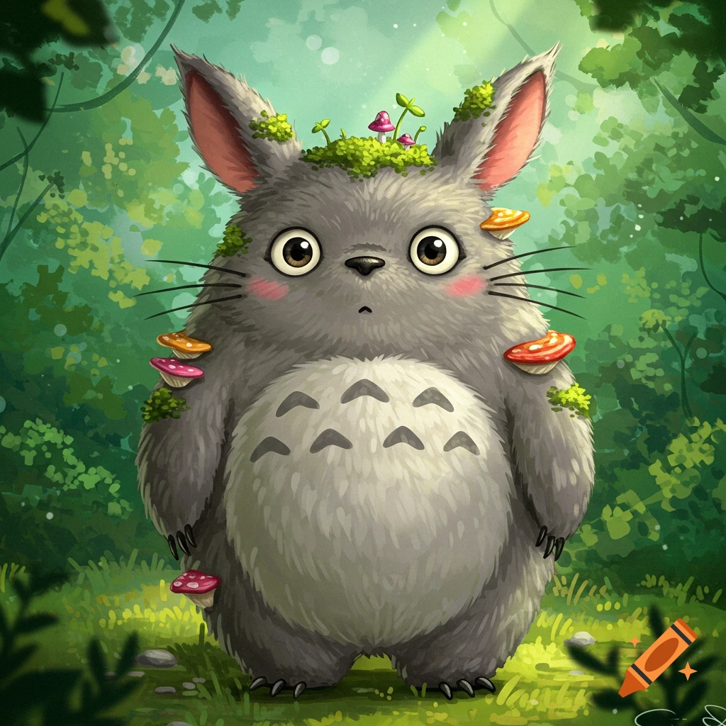 Grey furry fantasy creature with mushrooms on head and shoulders standing in a forest, illustration.