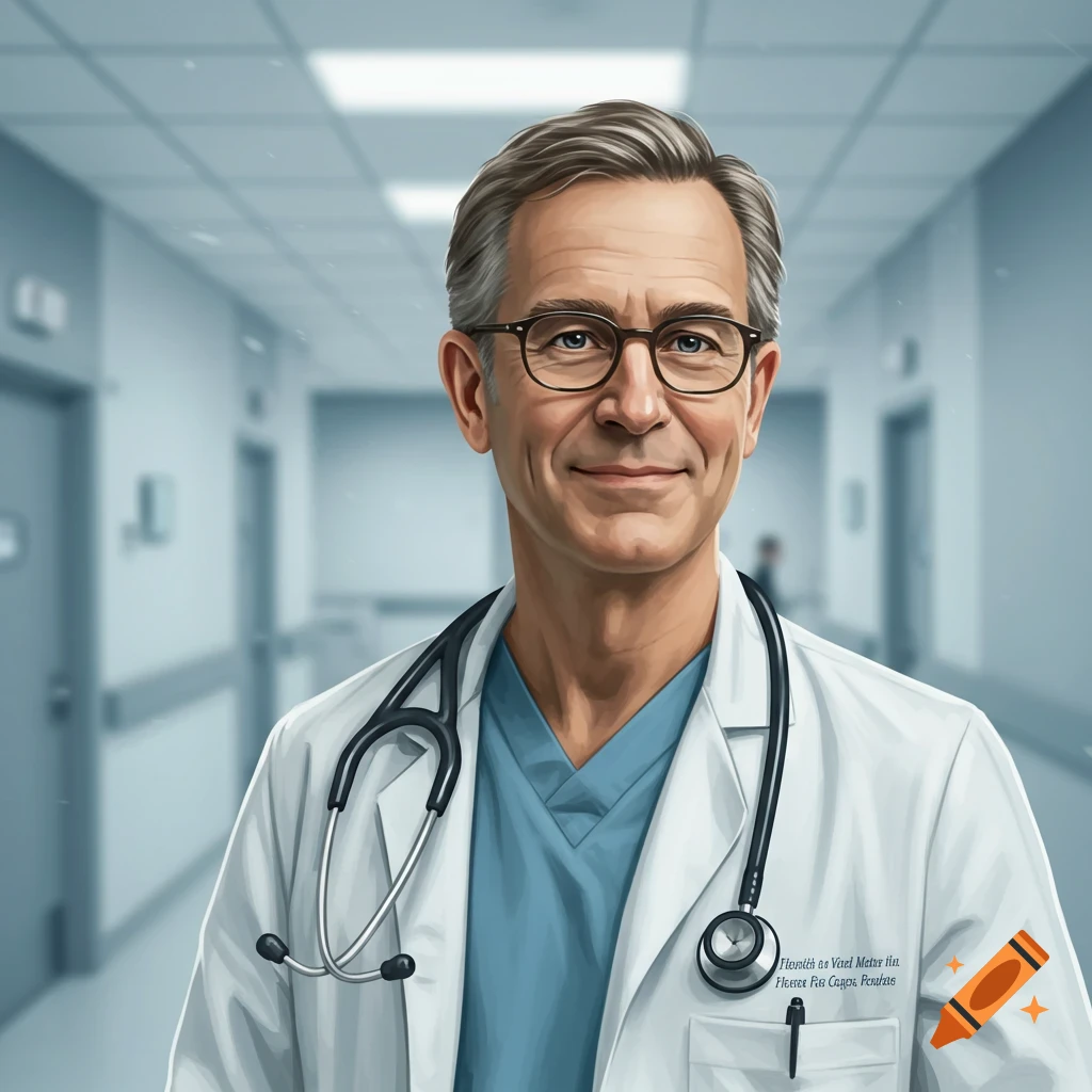 Digital illustration of a middle-aged male doctor in a white coat and stethoscope standing in a hospital corridor.