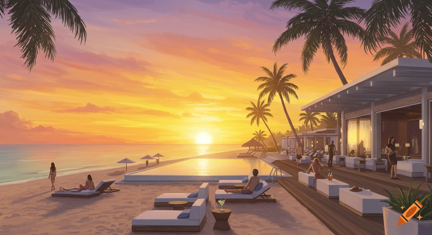 Digital painting of a sunrise over a beach resort with palm trees, pool, and people relaxing.