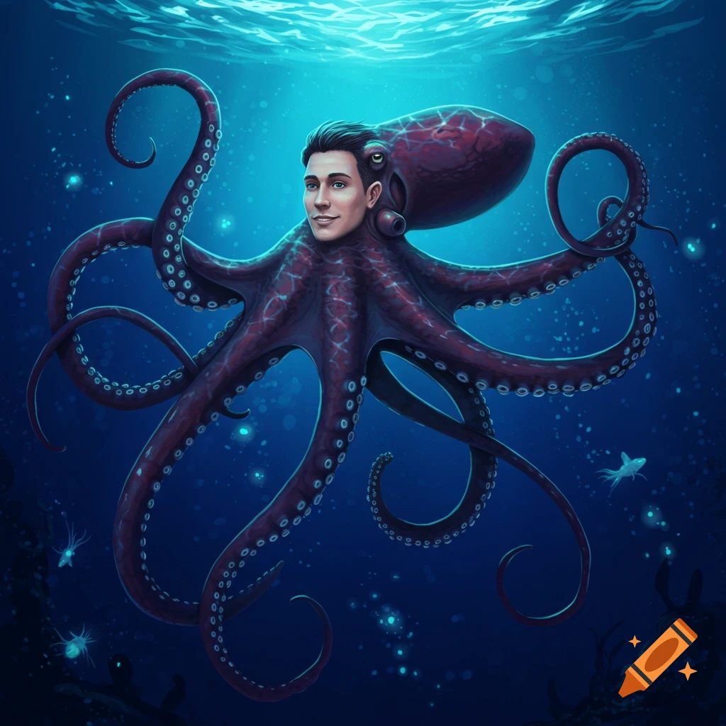 Digital illustration of an octopus with a man's face swimming underwater