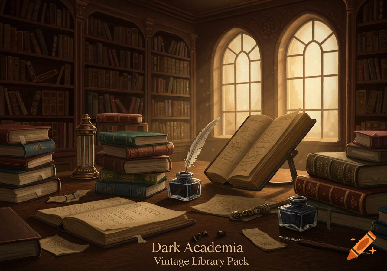 A vintage library scene with stacks of old books, open books, inkwells, and large windows.