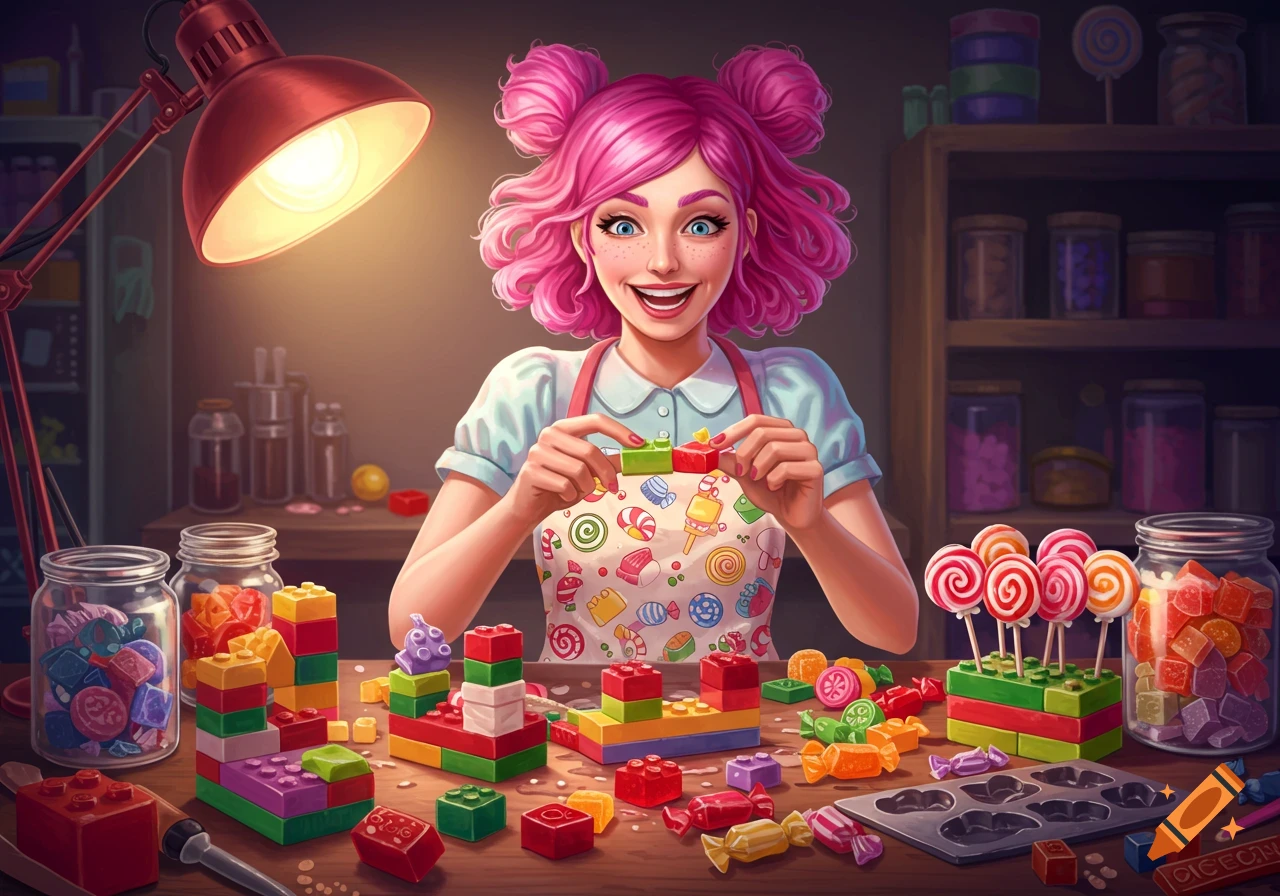 Woman with pink hair makes colorful candy lego blocks on a table filled with candy and supplies. Digital illustration.