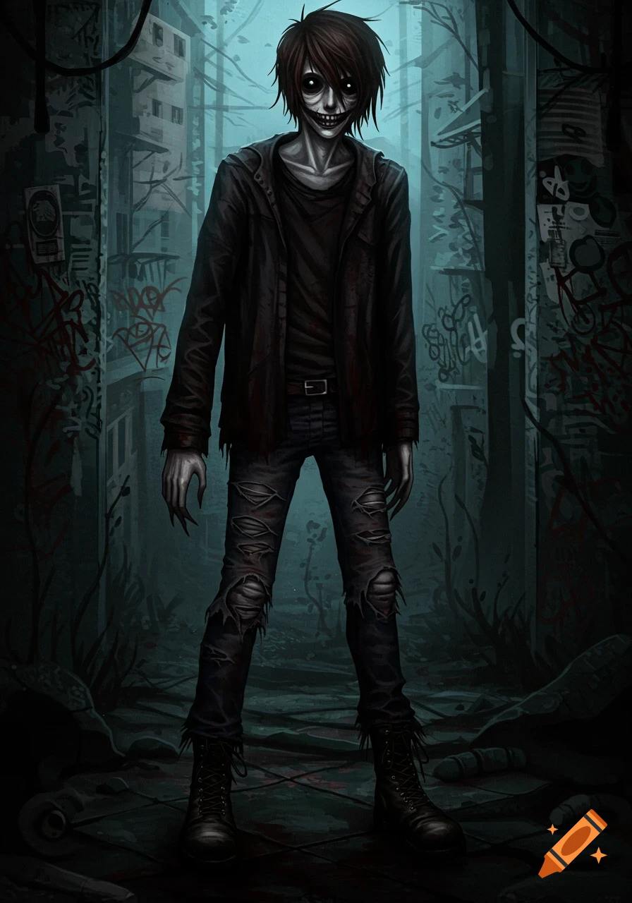 A creepy, pale-skinned character in grunge clothing stands in a dark, run-down urban setting with graffiti.