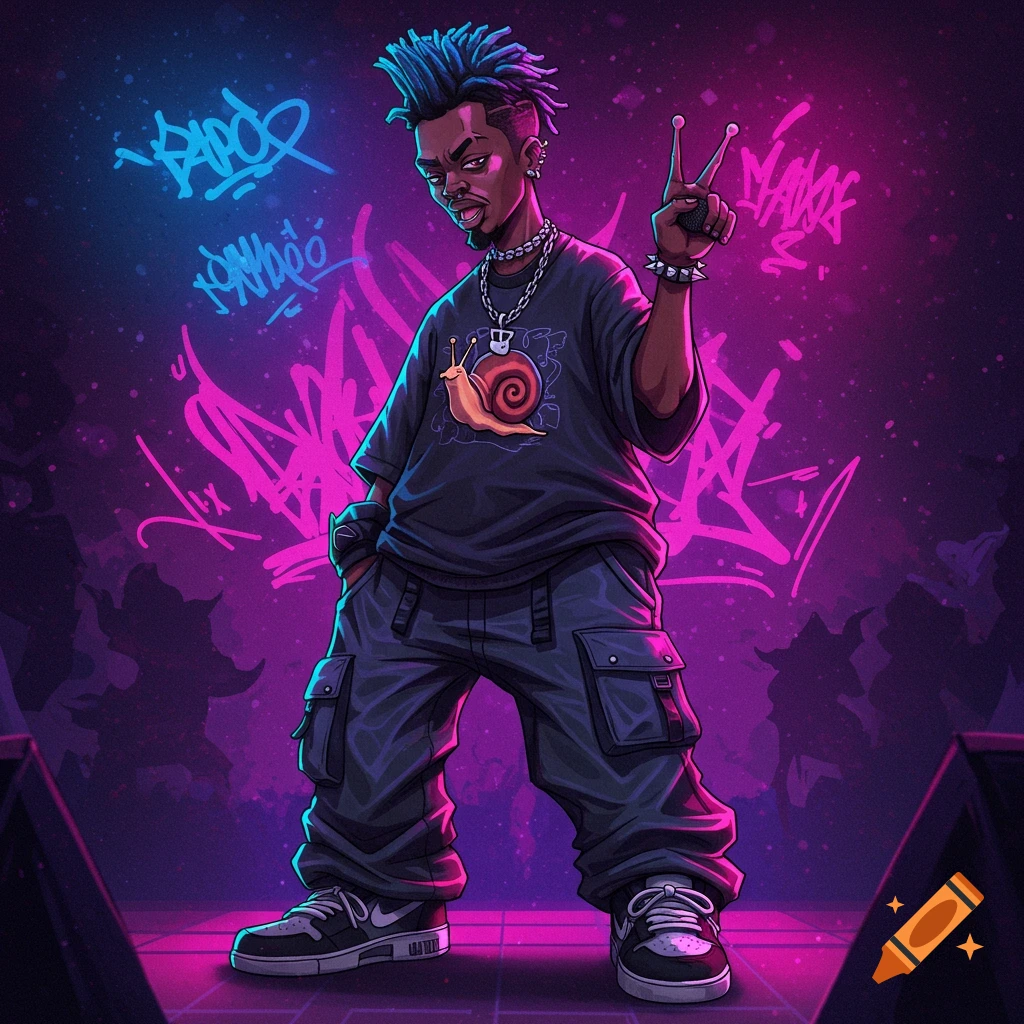 Stylized cartoon of a rapper with dreadlocks in cargo pants and a snail shirt, giving a peace sign before neon graffiti.
