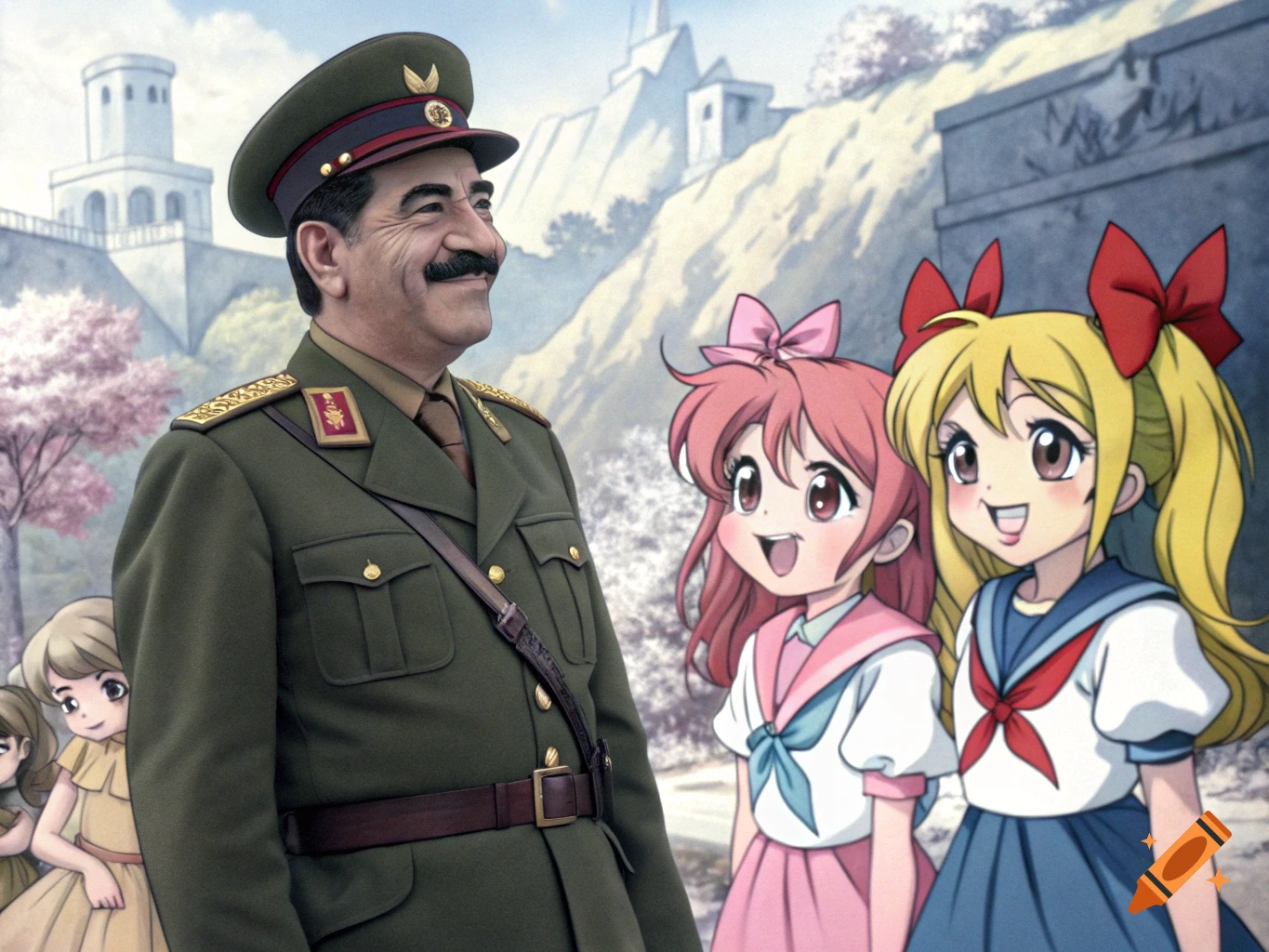 Historical figure in military uniform standing with several anime girls in an outdoor setting.