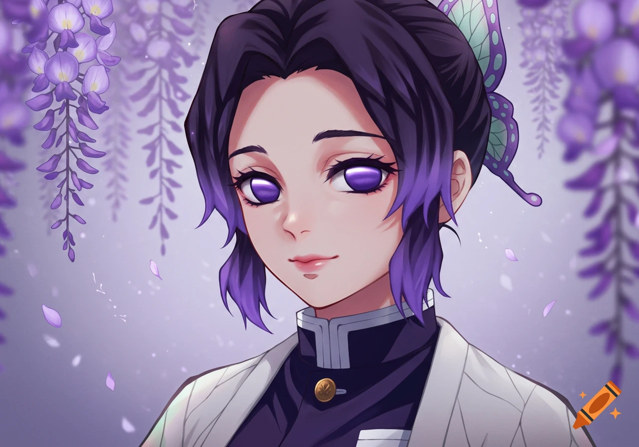 Anime portrait of a woman with purple hair and eyes in uniform surrounded by wisteria flowers.