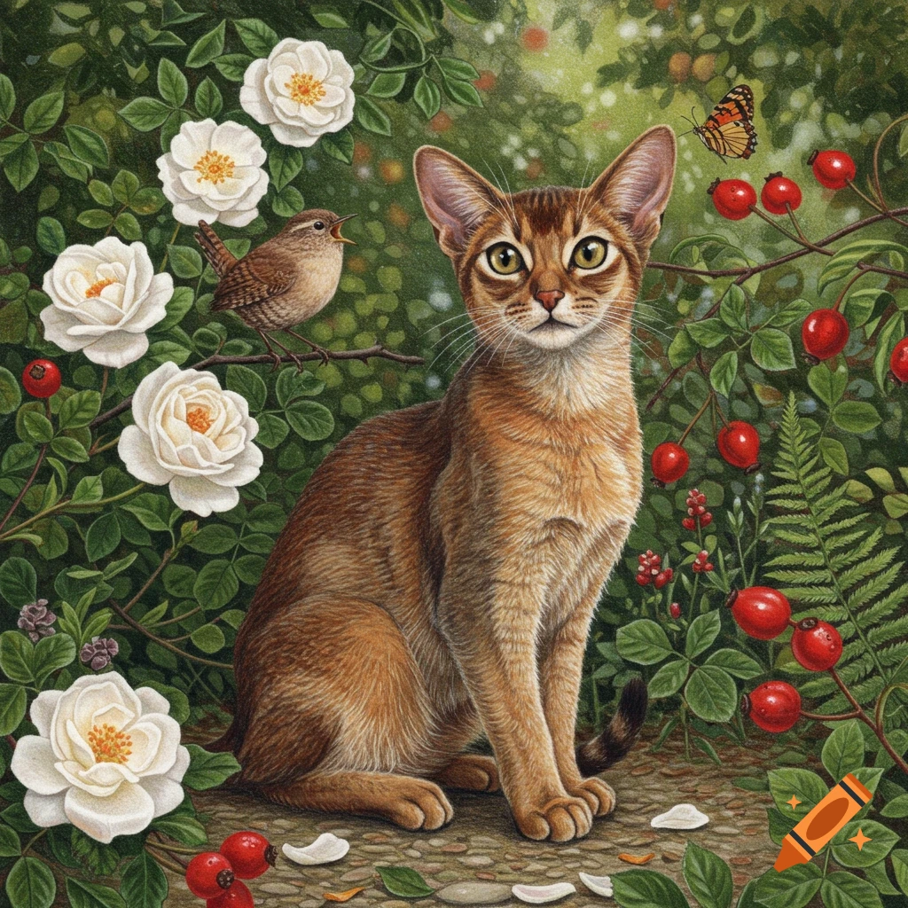 Colored pencil drawing of an Abyssinian cat in a garden with a wren, butterfly, white roses, and red berries.