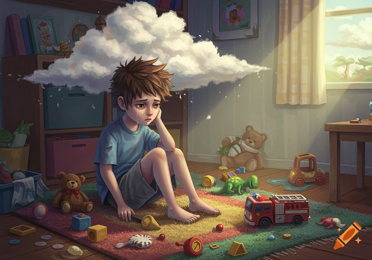 Illustration of a sad boy crying, sitting on a rug in a playroom with toys and a cloud over his head.