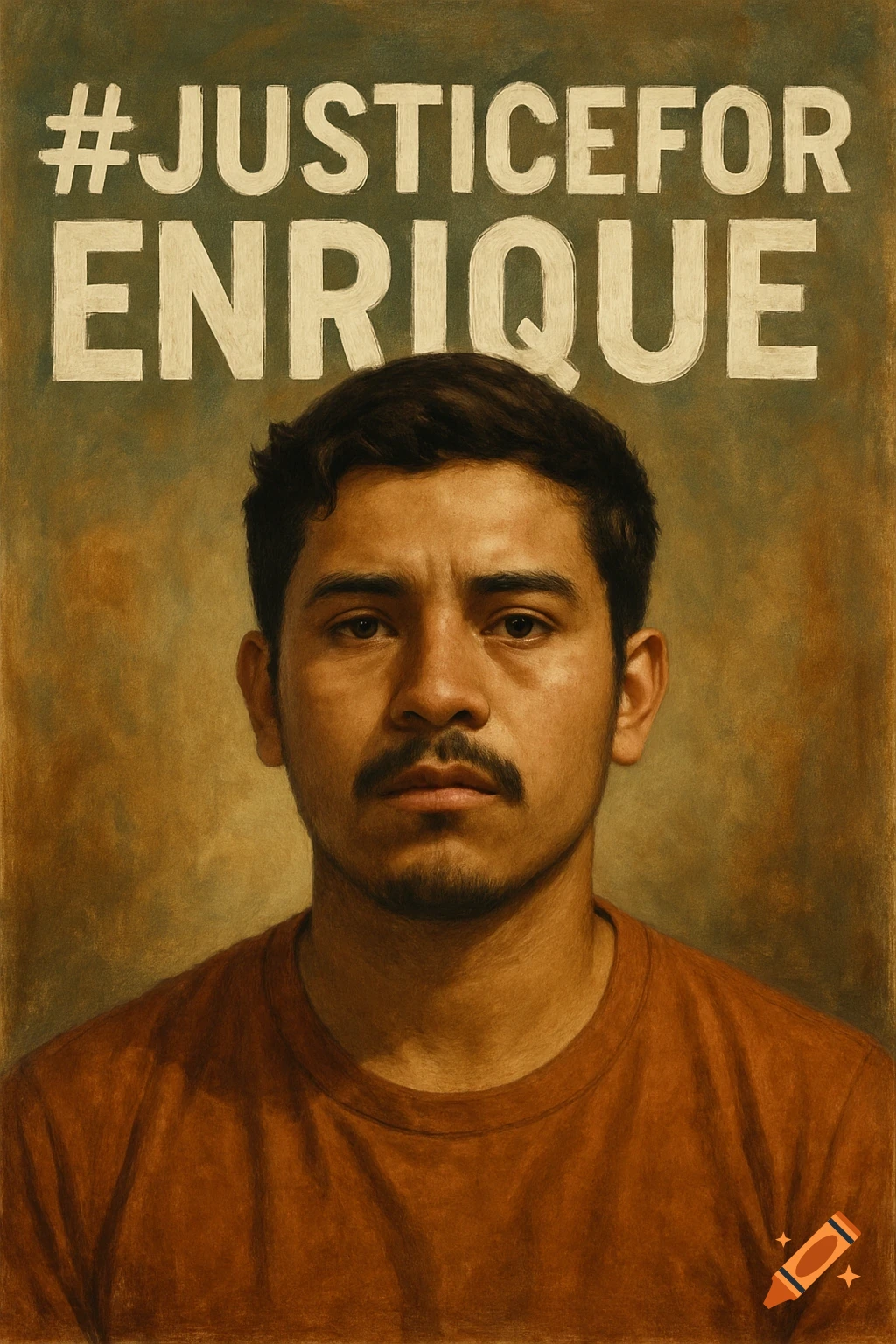 A painted portrait of a man with the text "#JUSTICEFOR ENRIQUE" above his head.