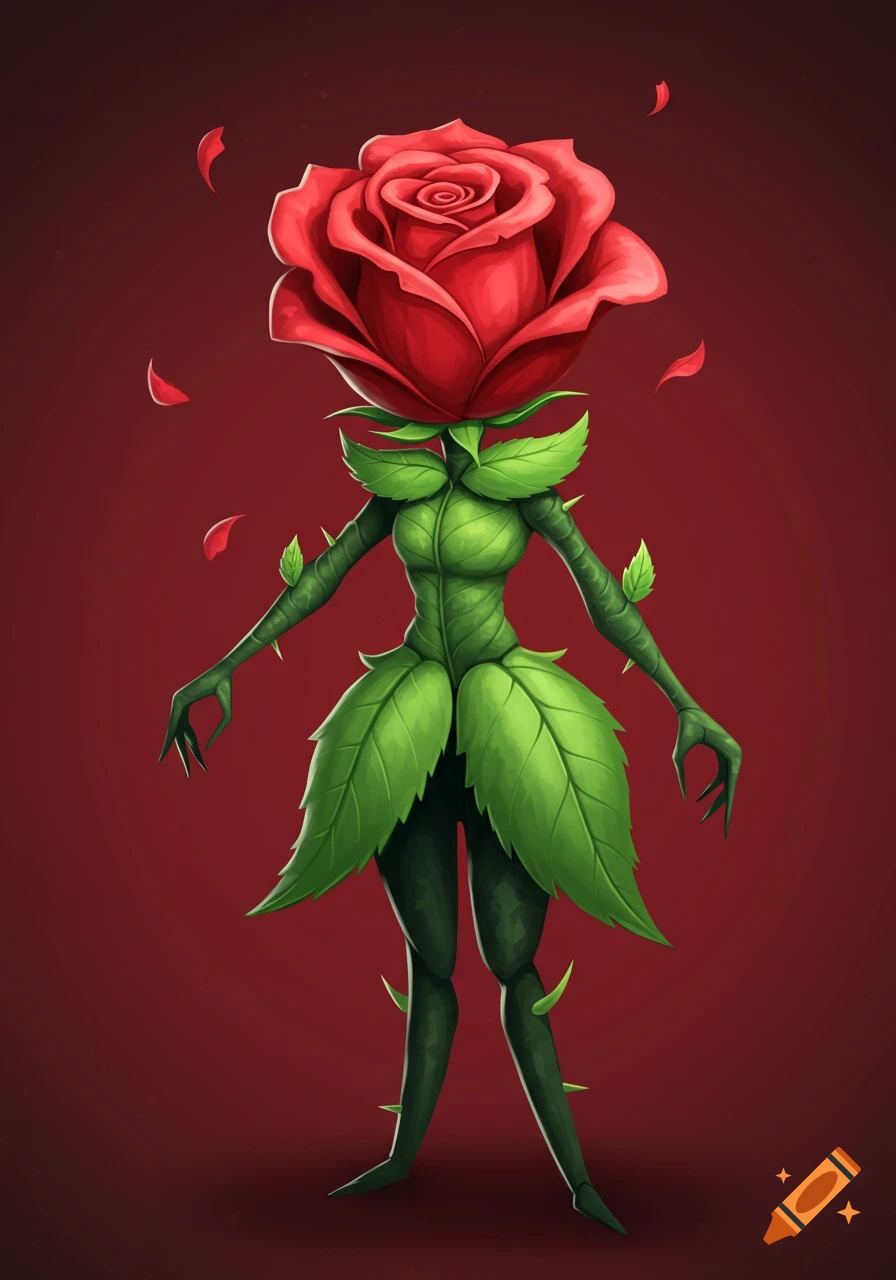 Illustration of an anthropomorphic rose character with a red rose head, green leaf body and skirt, and dark stem-like limbs.