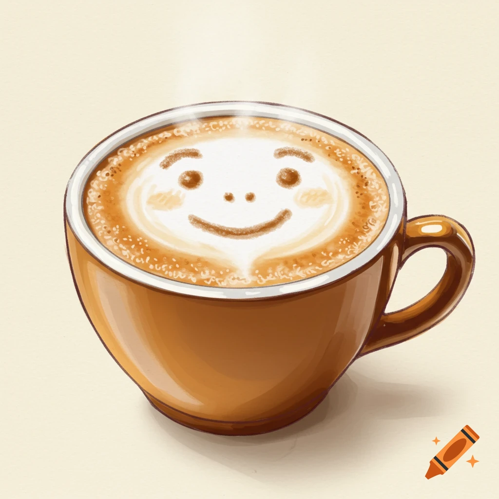 Digital painting of a cappuccino with a happy face in the foam.