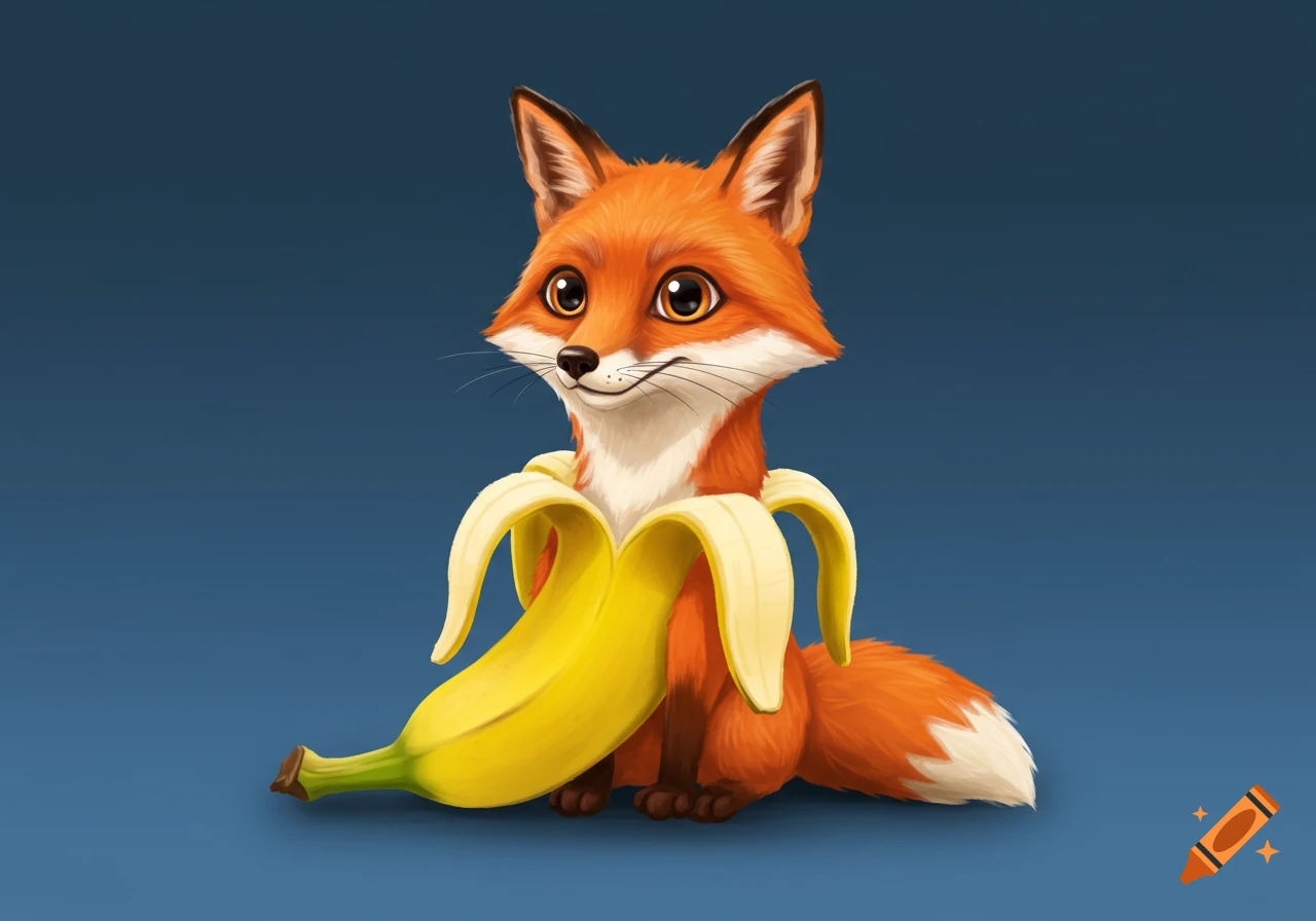 Cartoon illustration of a cute fox sitting inside a peeled banana against a blue background.