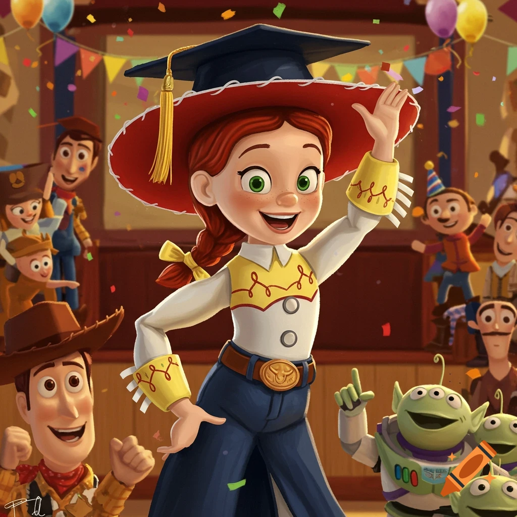 Jessie in a graduation cap waves during a celebration with Woody, the aliens, and other Toy Story characters.